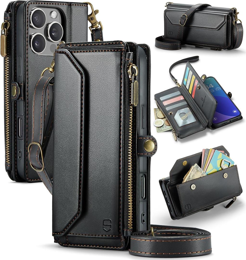 Wallet Case Compatible with iPhone 16 Pro Max 6.9" RFID Blocking 10-Card Holder Soft PU Leather Magnetic Snap Shoulder Strap Zipper Pocket Phone Case Fit for iPhone 16 Pro Max - Black