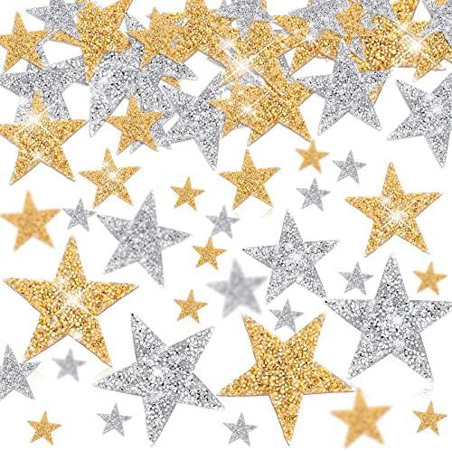 Geosar 60 Pcs Iron on Star Patches Star Shaped Rhinestone Appliques Adhesive Glitter Patches Rhinestone Appliques Embellishments for DIY Graduation Wedding Party(Gold, Silver)