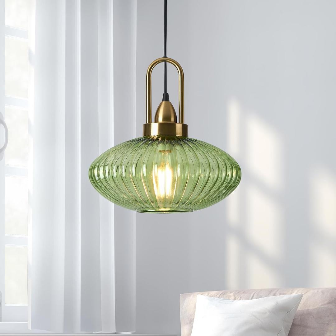12 Inch Green Pendant Lights Vintage Chandelier Pendant Lighting Modern Mid Century Hanging Lights Adjustable Kitchen Island Light for Dining Room Bedroom Hallway