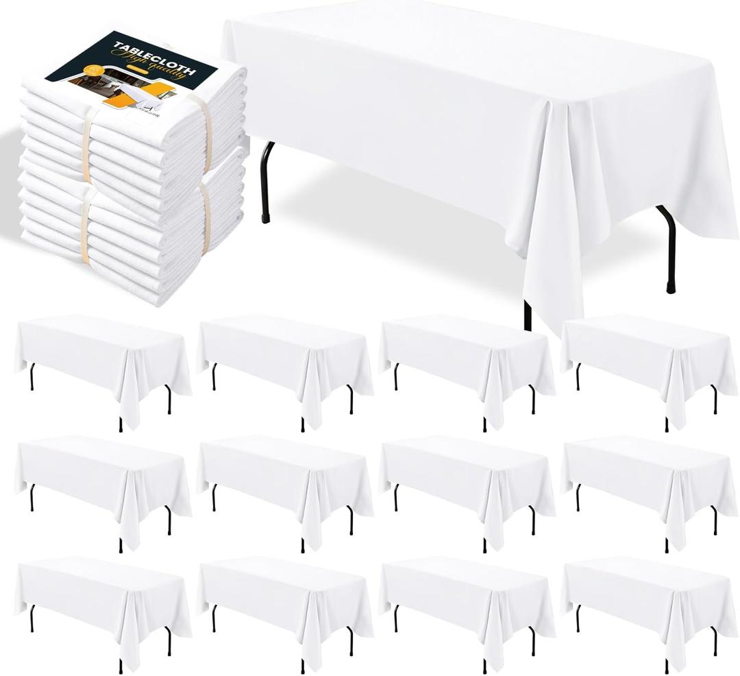 BIGTONE 12 Pack White Rectangle Tablecloth 60 x 102 Inch, Cross Ribbon Packing Reusable Table Clothes for 6 Foot Tables, Wrinkle Resistant Polyester Fabric Table Cover for Wedding, Party, Banquet