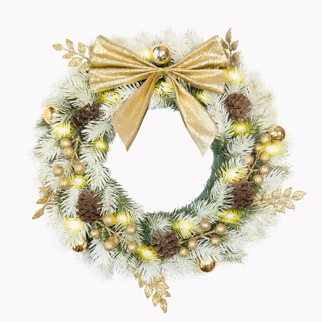 Christmas Wreath 16 Inch Green Artificial Front Door Wreath with Pine Cones Berries Balls LED Fairy Light Decorations for Fireplace Outdoor Indoor Party Wall Home Decor (Gold)