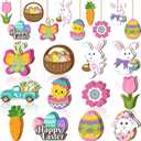 Qunclay 24 Pcs Spring Easter Wooden Ornaments Flower Bunny Egg Hanging Sign for Tree Easter Wooden Decorations with Strings Hanging Ornaments for Party Home Classroom Decor(Bunny Egg Flower)