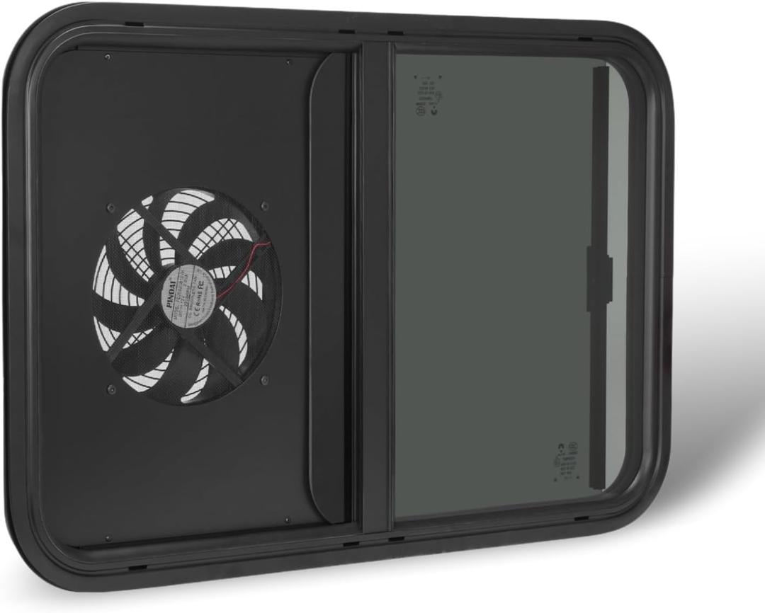 RV Window With Integrated Exhaust Fan, 30" W x 20" H, DOT-Compliant Sliding Replacement for Campers Cargo and Trailers, Complete with Trim Ring