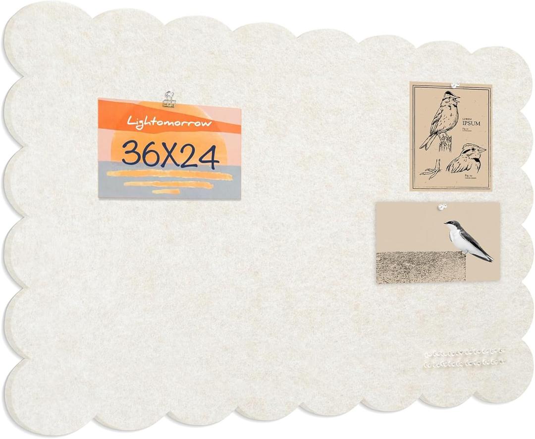 Scalloped Bulletin Board, 36 x 24 Inches Felt Pin Board - Decorative Cork Alternative for Wall, 3' x 2' Foldable Picture Self-Adhesive Vision Prayer Board with 20 Pushpins - Oatmeal, 36x24 inches