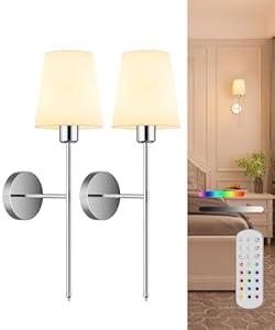 Battery Operated Wall Sconce Set of 2, Rechargeable Wall Lights with Dimmable Detachable Bulbs and Remote, 15 Colors Wireless Wall Lamps for Bedroom Living Room Hallway, Nickel(2 Pack)