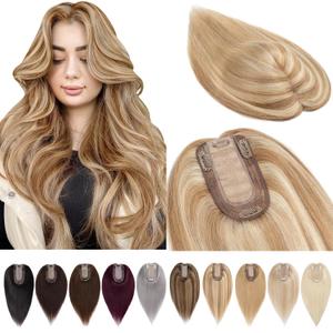 Hair Toppers for Women Real Human Hair No Bangs, 7 * 13 CM Silk Base Clip In Topper Hairpieces, Wiglet Top Pieces Add Volume -14 Inch Golden Brown&Bleach Blonde