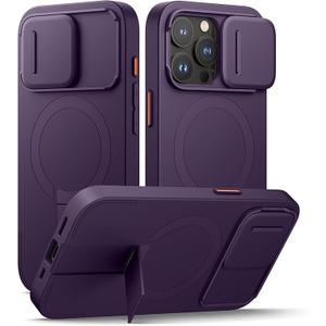 SURITCH for iPhone 15 Pro Case with Magnetic Camera Slide Cover and Adjustable Kickstand, Compatible with MagSafe, Shockproof Bumper Case Slim Protective Cover 6.1 Inch, Dark Purple