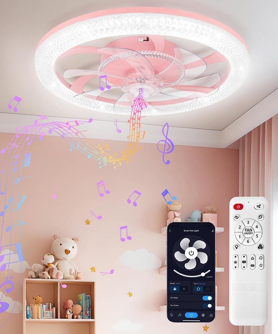 Kids Ceiling Fan with Light, 20” Smart Low Profile Ceiling Fans, Dimmable Flush Mount LED Fan Light with Remote Control, Bluetooth Bladeless Fans with APP, for Bedroom, Pink
