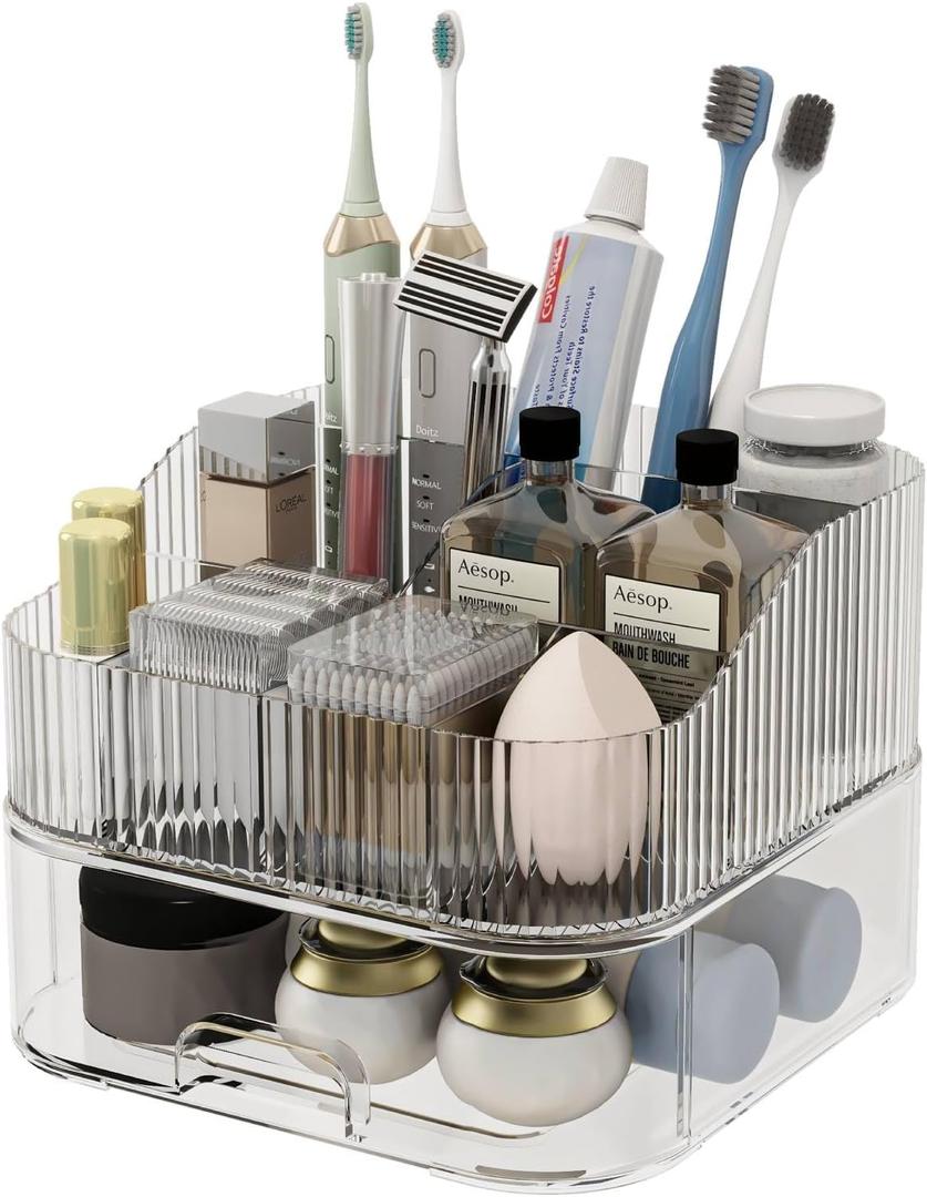 Toothbrush Toothpaste Holder 7 Slots Bathroom Countertop Organizer Makeup Storage with Drawer, White