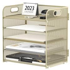 Supeasy 5 Trays Paper Organizer Letter Tray with HandleMesh Desk File Organizer, Paper Sorter Desk Organizer for Office, Home or School (Golden)