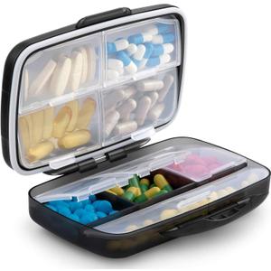 Travel Pill Organizer Large Portable Medication Fullicon Oversize 8 Compartment Pill Box, Vitamin Travel Case Pill Holder - Airtight & Moistureproof (Black)