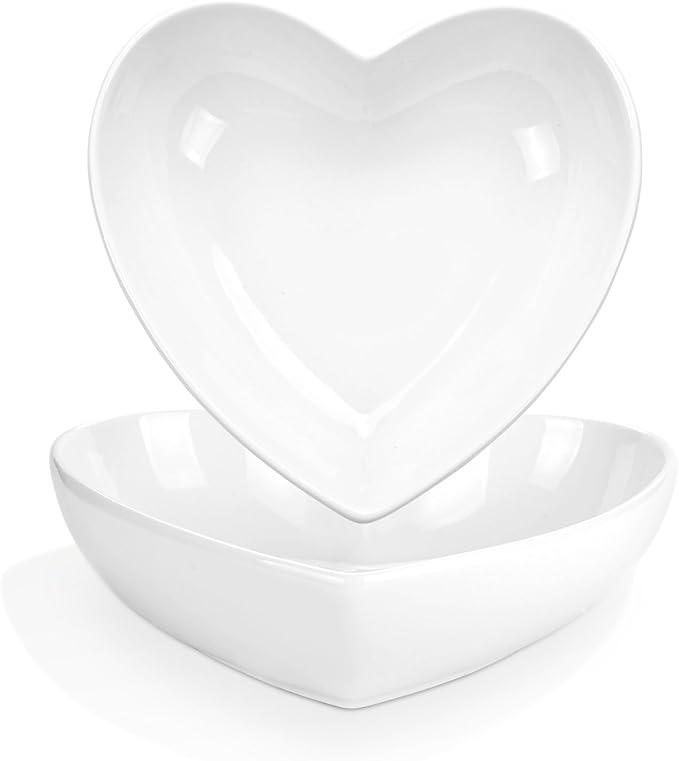 WHJY Set of 2 Porcelain Heart Shaped Bowls, 7 inches White Ceramic Dish Set for Valentines Day, Salad, Fruit, Cereal and Appetizer