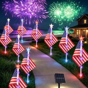 8 Pack Solar American Flag Pathway Lights, 4th of July Outdoor Decor American Flag Lights, Patriotic Red White Blue Outdoor Stake Waterproof LED, Independence Day Yard Garden