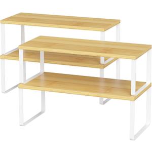 NEX Kitchen Cabinet and Counter Shelf Organizer, Stackable & Expandable, Set of 4, White and Natural - 7.7 x 15.6 x 6.2''