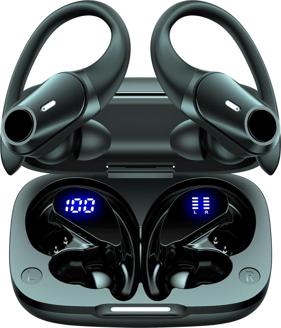 GOLREX Active Noise Cancelling Ear Buds Wireless Earbuds Bluetooth Headphones with 80H Playtime LED Display Charging Case, Over Ear Earphones with Hooks for Sports Running Gym Workout Black