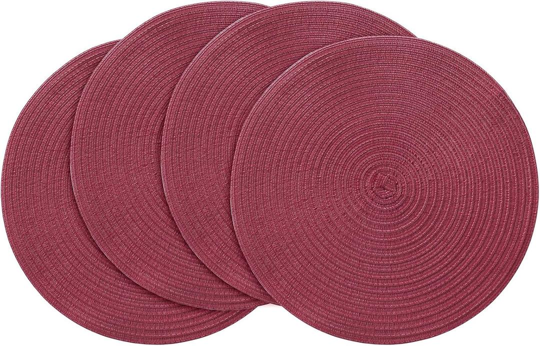 Floroom 15 Inch Round Braided Placemats Set of 4, Washable Heat Resistant Cotton Polyester Circle Place Mats for Kitchen Dining Table - Burgundy
