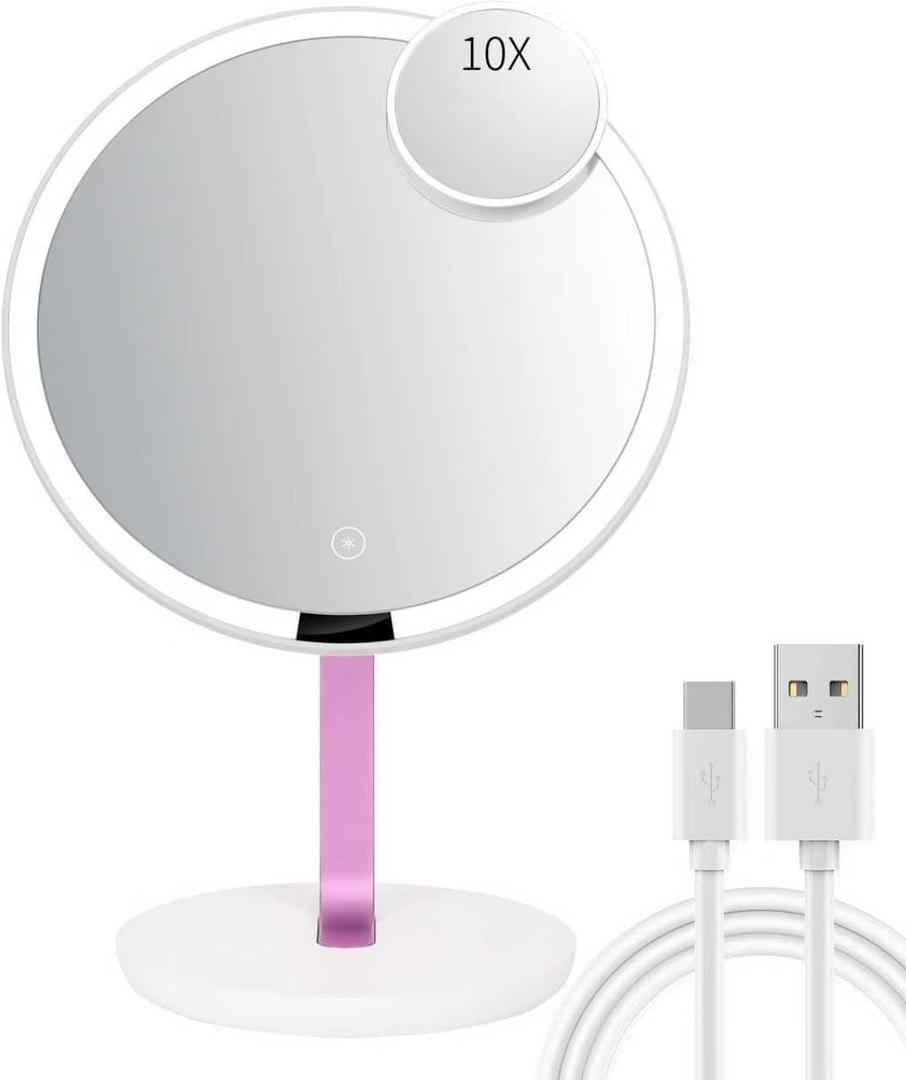 9.65-inch Lighting Makeup Mirror, 1x / 10x, Touch Control, 3-Color Adjustable, Metal Stand, up and Down Adjustable Makeup Mirror,High Color Rendering, Eye-Protecting Light Source,Pink