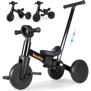 Tricycle for Toddlers 1-3 with Push Handle, 5 in 1 Baby Balance Bike for 1-4 Years Old Kids Toy, Boys Girls Bicycle Gift with Removable Pedals, Black (No Parent Steering Version)