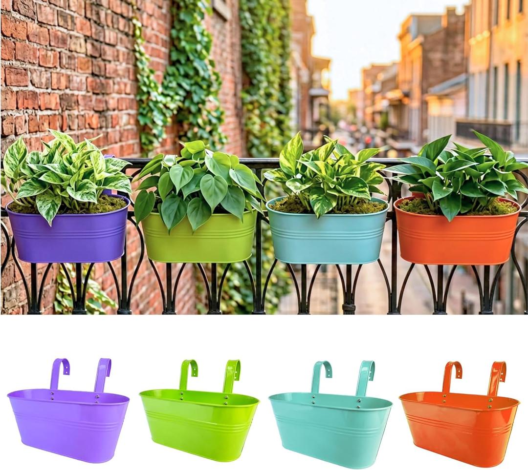 LaLaGreen Rail Planter (9.8 Inch, 4 Pack) Colorful Outdoor Railing Modern Garden Style Iron Deck Decoration Balcony Gardening for Apartment Patio Planters Porch Decor Pots Hanging Flower Fence