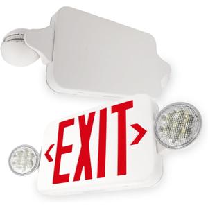 LFI Lights | Combo Red Exit Sign with Emergency Lights | White Housing | All LED | Two Adjustable Round Heads | Hardwired with Battery Backup | UL Listed | (1 Pack) | COMBOJR2-R