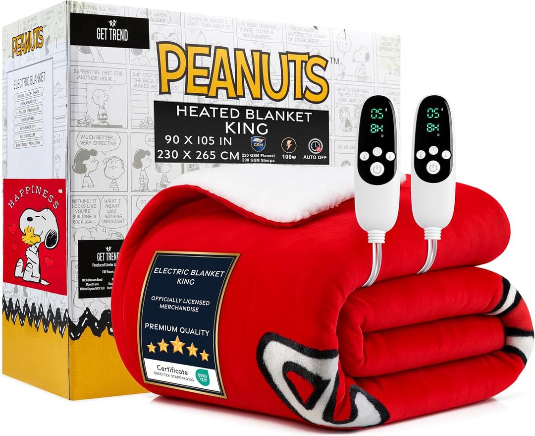 Get Trend Peanuts Snoopy Heated Blanket Electric, King Size Luxurious Fleece Blanket, 9 Heat Settings Auto Shut-Off, 90x105in, Gifts for Mom, Grandma, Grandpa (Red Snoopy, King US)