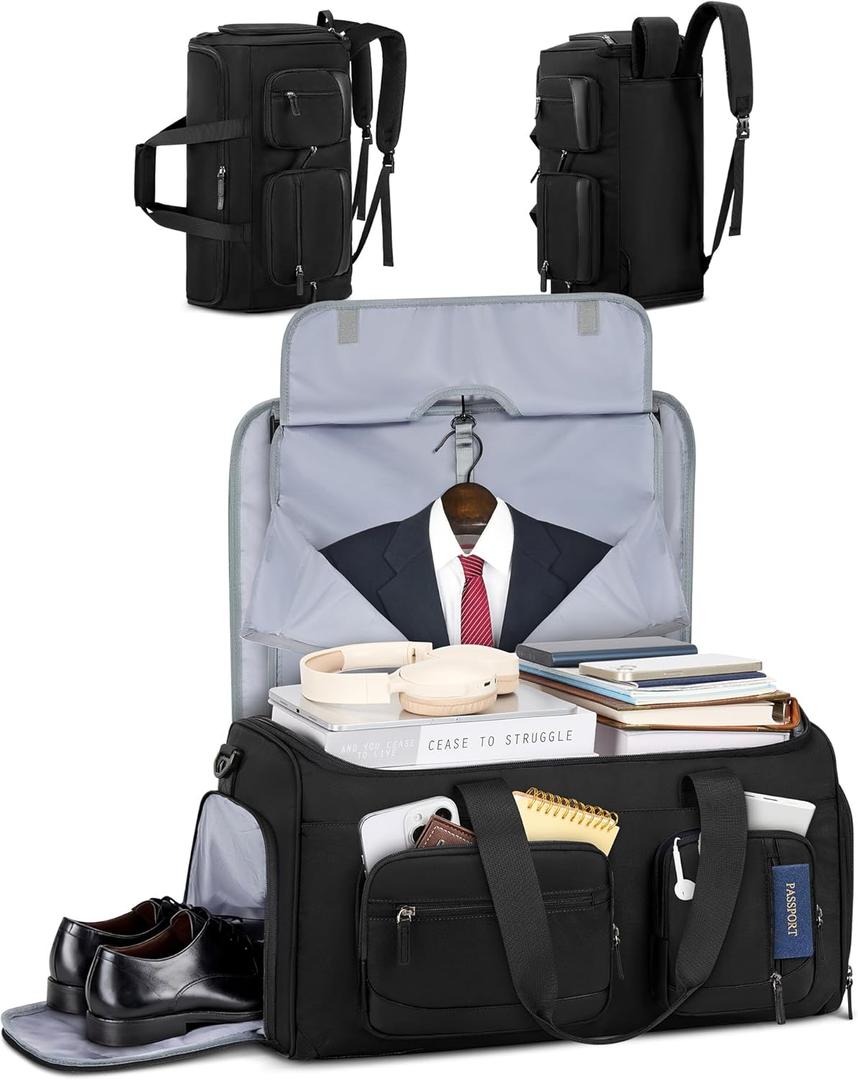 RAINSMORE Convertible Garment Bags for Travel, 45L Garment Duffle bag for Hanging Clothes, 3 in 1 Suit Travel Bag for Business Trips with Shoulder Strap, Carry On Suit Luggage for Men Women, Black