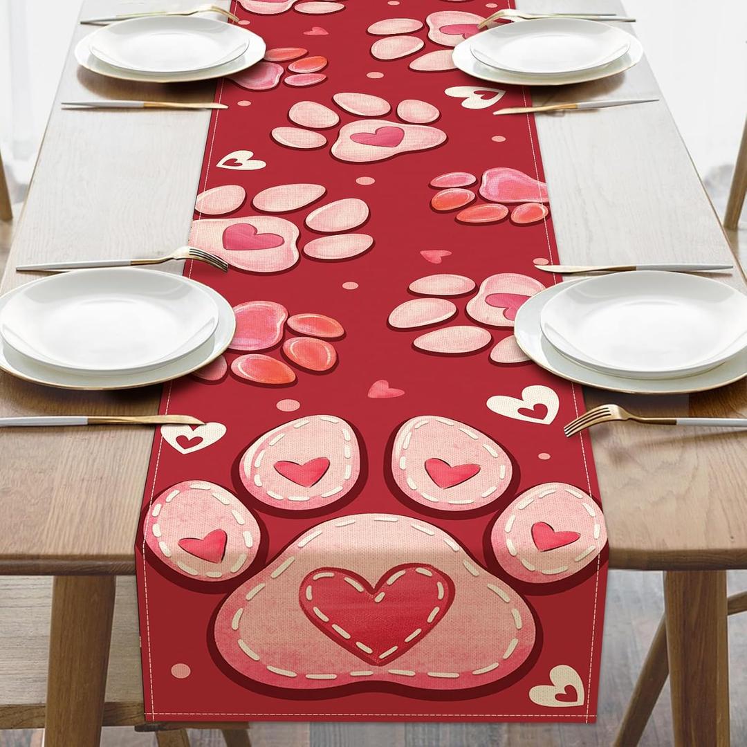 Valentines Day Dog Cat Paw Prints Table Runner, Red Love Hearts Kitchen Dining Table Decoration Pet Lover Gift, Anniversary Wedding Burlap Indoor Outdoor Home Decor Party Supply 13 x 108 Inches