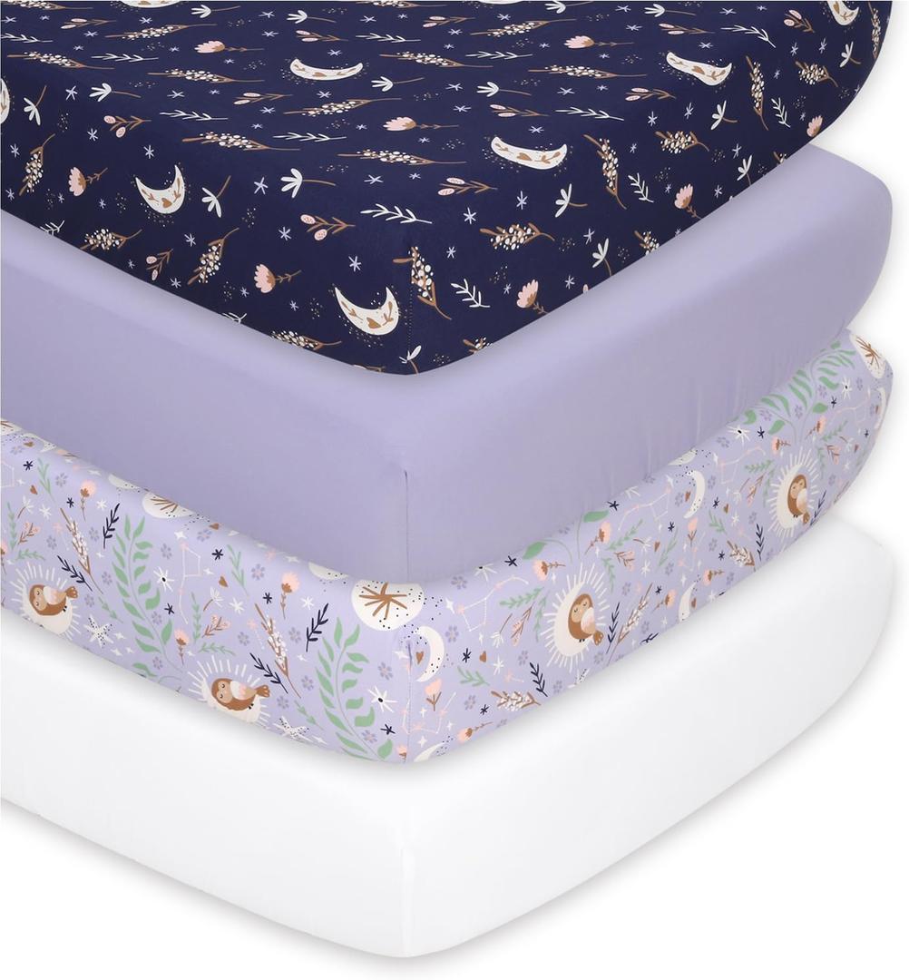 The Peanutshell 4-Pack Fitted Crib Sheet Set - Super Soft & Breathable Baby Girl Crib Sheets, Nursery Decor, Fit for Standard Mattress Cover- Lunar Love