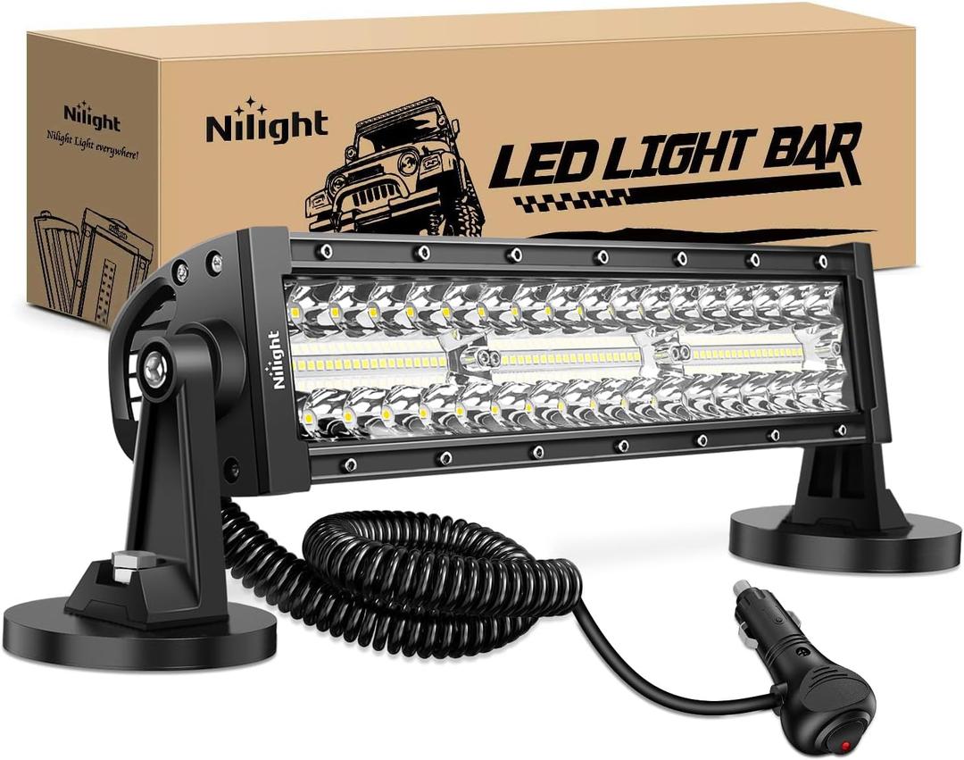 Nilight LED Light Bar 13.5 Inch Triple Row Cigarette Lighter Wiring Strong Magnetic Base Spot Flood Combo 96LEDs Fog Driving Work Roof Bumper Lights for Truck Tractor Golf Cart UTV