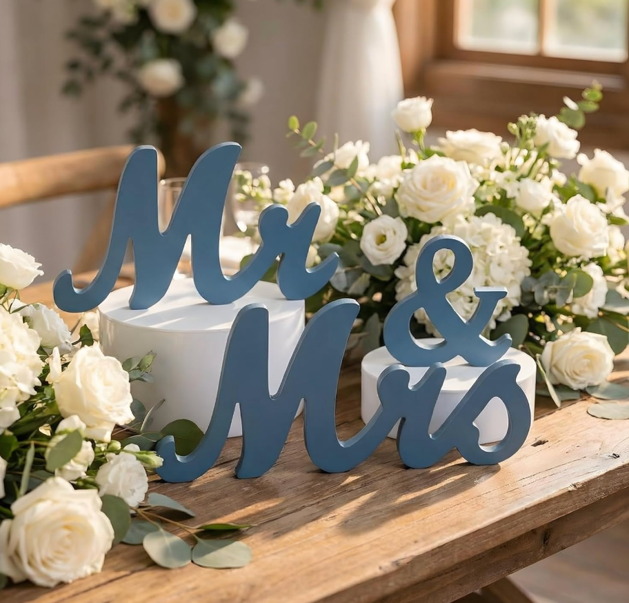 AceOrbit Blue 3 Pcs Mr & Mrs Sign Table Decor Sweetheart Mr and Miss Wooden Letters Freestanding Wedding Sign Rustic Table Centerpieces for Wedding Party Photo Booth Props Decorations Supplies