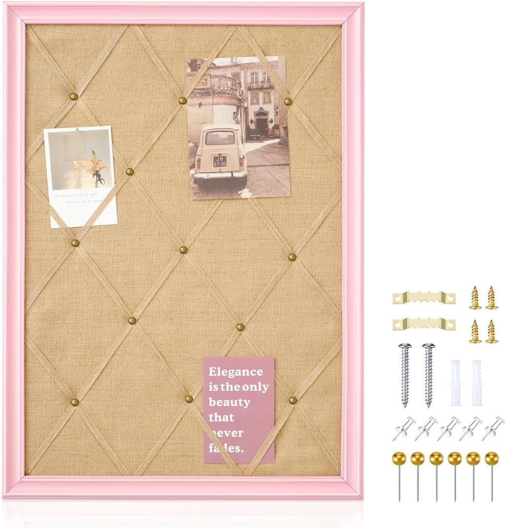 Pink Bulletin Board 21"27" Pink Linen Fabric Decorative Board Hanging Memo Board for Women Office Large Cork Bulletin Board for Home & Office with 20 Pushpins