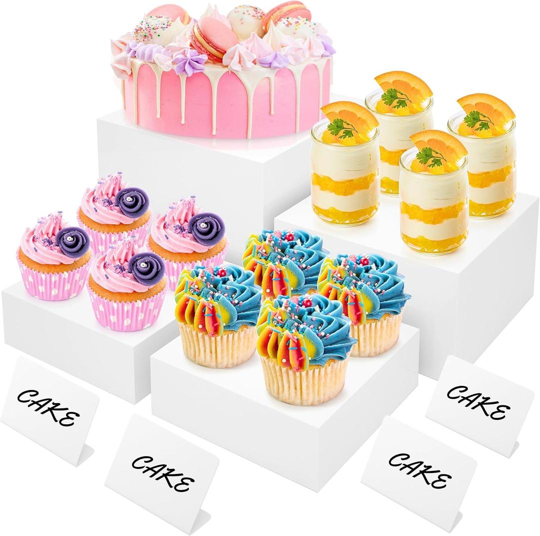 8 White Buffet Risers with Mini Signs  Acrylic Display Box Stands for Party, Catering, Dessert, Cake, and Food Table Setup  Set of 4