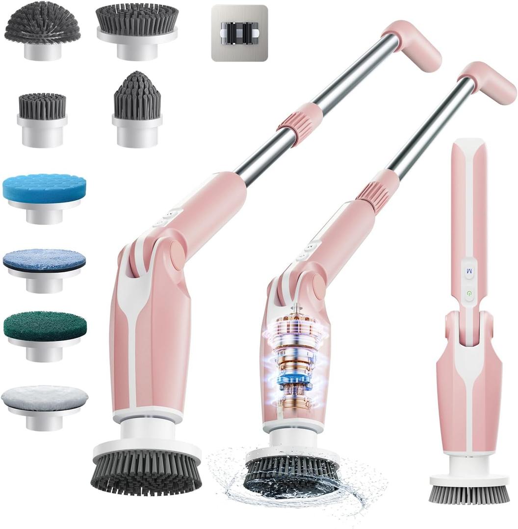 Leebein Electric Spin Scrubber, 2024 New Electric Scrubber with 4 Adjustable Angles and 8 Brush Heads, Shower Scrubber with Long Handle & Remote Control, Cleaning Brush for Bathroom, Tub, Floor(White) (Pink)