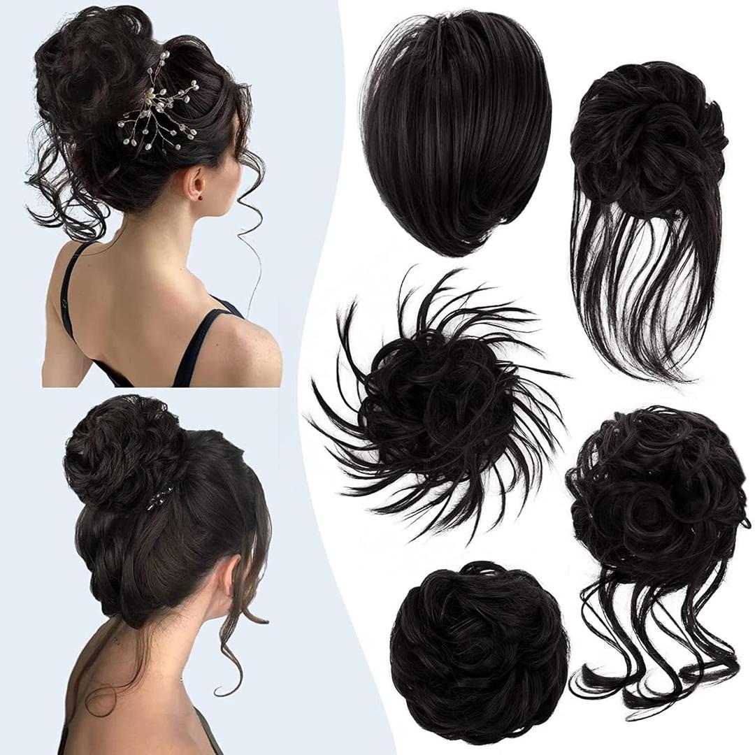 HMD 5 Pieces Messy Hair Bun Hairpiece Tousled Updo for Women Hair Extension Ponytail Scrunchies with Elastic Rubber Band Long Updo Messy Hairpiece Hair Accessories Set for Women 4# (4#-Darkest Brown)