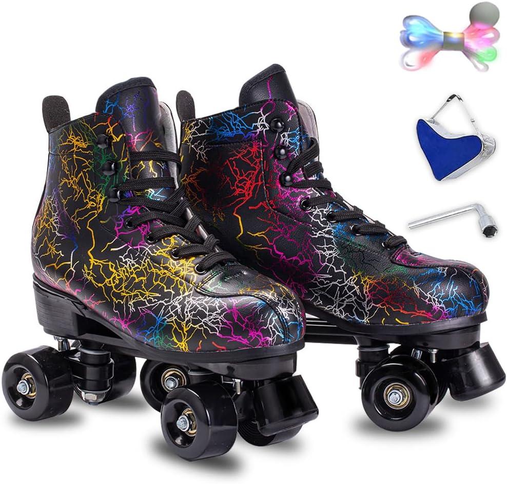 Roller Skates Women Men - Microfiber Leather Roller Skate Classic High Top Double Row Roller Skates for Indoor Outdoor with Light up Shoe Laces, Size: 39-US Men 6.5= Women 7.5