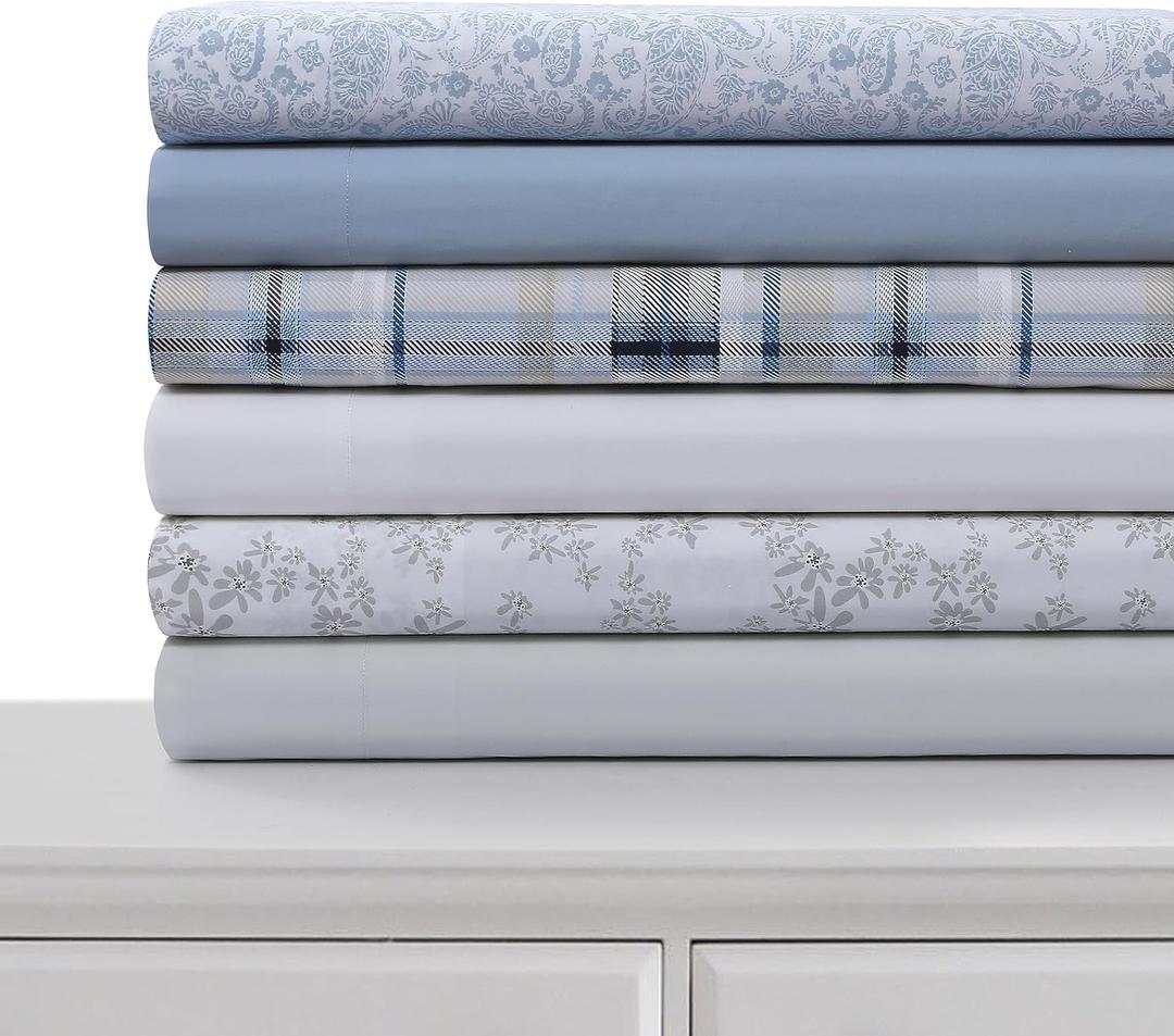 Tribeca Living Cotton Percale California King Size Bed Sheet Set, 300 Thread Count, Extra Deep Pockets, Printed Danielle Paisley Blue