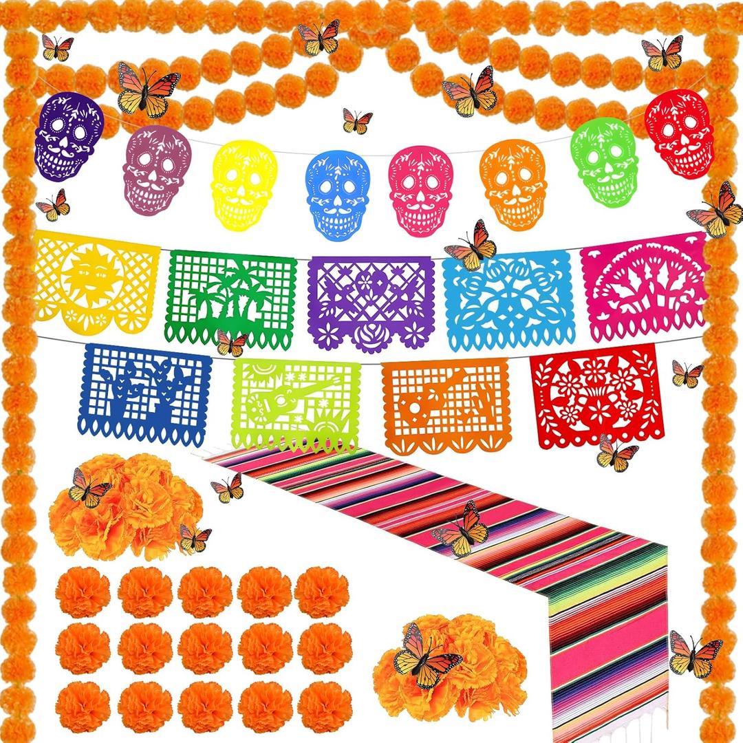 94 Pcs Dia De Los Muertos Decorations Ofrenda Set, Day of The Dead Decor for Altar, Include Papel Picado, Marigold Flowers, Garlands, Table Runner, Monarch Butterflies, Felt Skulls Banner