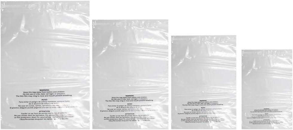 400 Count Combo Pack Warning Bags - 6x9, 8x10, 9x12, 11x14 Inch Self Seal Clear Poly Bags with Suffocation Warning with Permanent Adhesive, Strong Adhesive, Not Resealable (1.5mil)