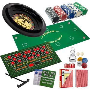 5 in 1 Casino Game Pro Set: 125 Pro Poker Chip, Blackjack+Roulette Wheel+Craps+Texas Holdem+Poker Gaming Kit with Table Game Mat+Playing Card+Dice+Casino Accessory for Party