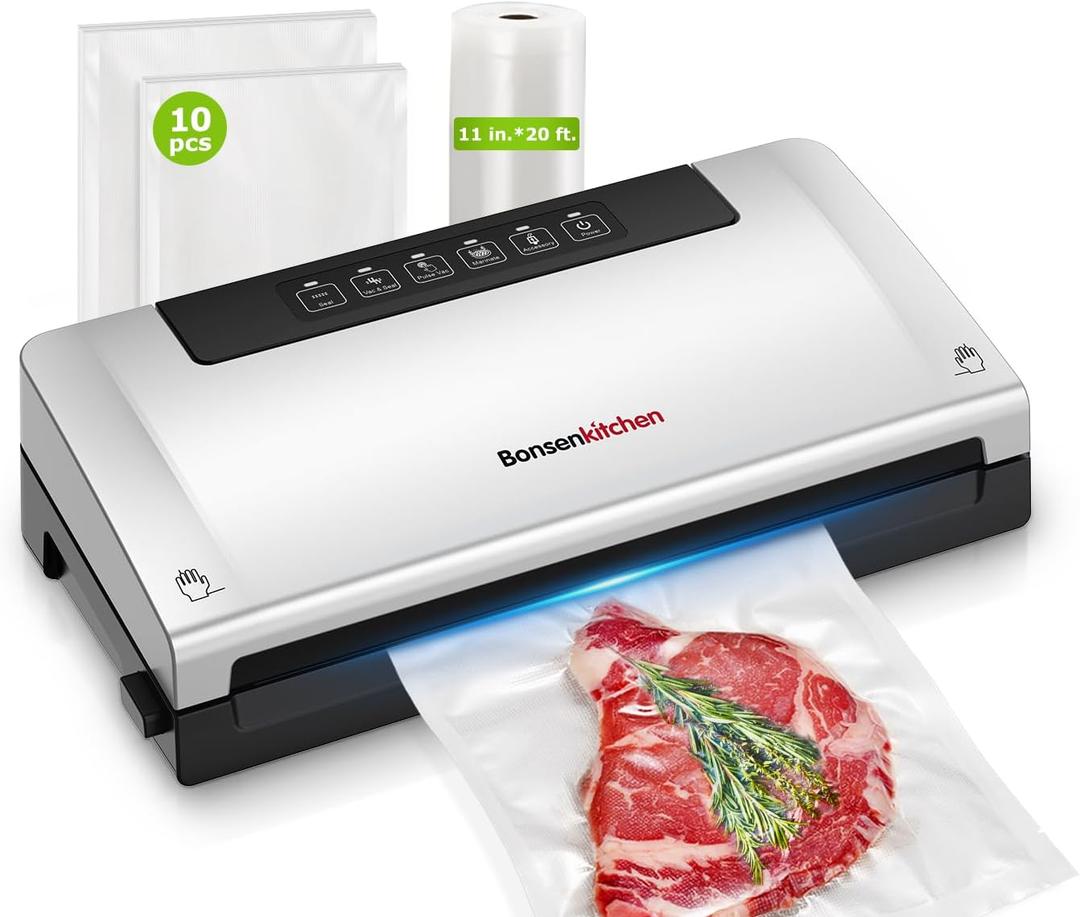 Bonsenkitchen Vacuum Sealer Machine, Built-in Cutter | Bag Storage, Multifunctional Food Sealer for Sous Vide & Meal Prep, 1 Roll Bag & 10 Pre-Cut Bags, Silver