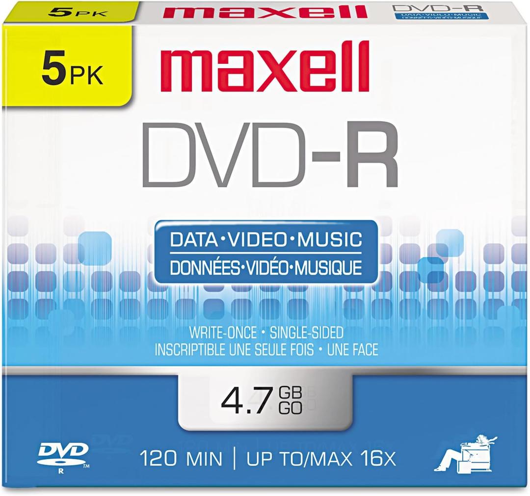 Maxell 638002 DVD-R Discs, 4.7GB, 16x, w/Jewel Cases, Gold, 5/Pack