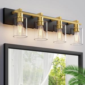 Bathroom Vanity Light,4 Light Matte Black and Gold Light Fixture with Thickened Clear Glass Shade, 30 inch Modern Wall Sconce, Bathrooms Vanity Light Over Mirror for Bathroom