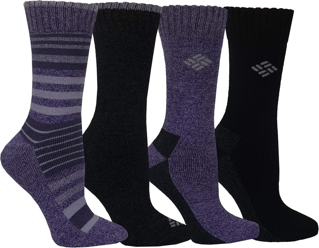 Columbia Women's 4 Pack Moisture Control Crew Socks, Plum/ Black, Shoe Size 4-10