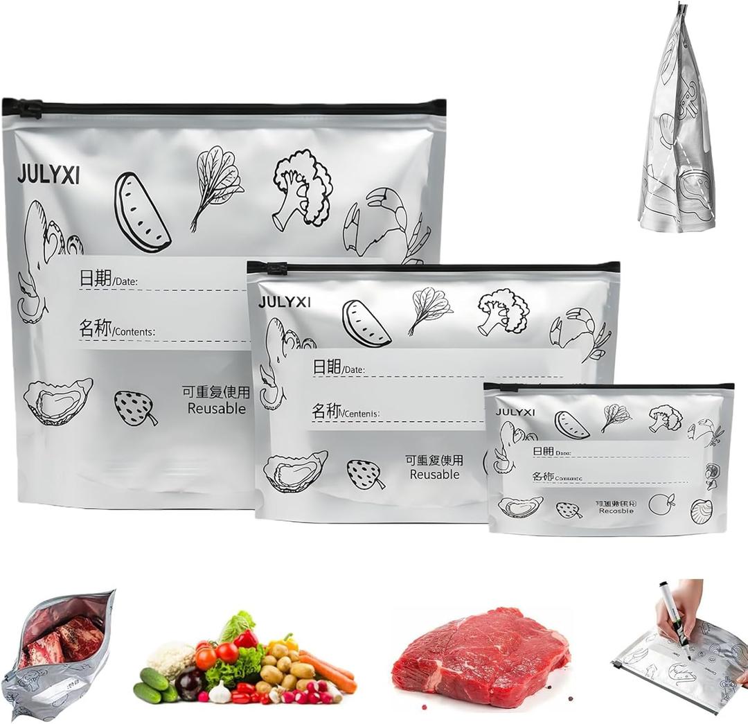 30Pcs Reusable Aluminum Foil Sealable Storage Bags, 3 Sizes Thickened Stand Up Food Bags with Label & Zip Lock, Food-Grade Freezer Bags for Meal Prep, Vegetables, Fruits, Meat & Seafood