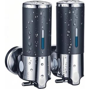 Black Wall Mounted Soap Dispenser for Shower, No Drilled WELLUP Shampoo Dispensers, 2-in-1 Chamber Bathroom Shower Soap Dispenser for Kitchen Bathroom, Matte Black