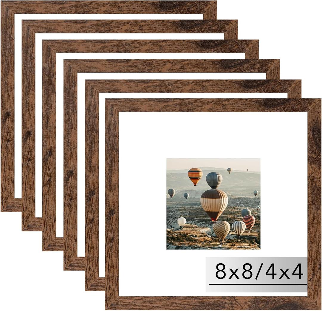 8x8 Picture Frame Set of 6 for Wall Hanging or Tabletop, Display 4 x 4 with Mat or 8 x 8 without Mat, Wood Square Photo Frames Bulk, 6 Pack, Deep Brown