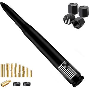 Car Bullet Antenna with Valve Stem Caps for GM Chevy Silverado 1500 2500 3500 HD Avalanche Ford F Series F150 F250 GMC Sierra 1500 2500 3500 Denali Heavy Truck Accessories (Black)- 7inch- America Flag (7 inch)