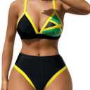 GORGLITTER Women's Triangle Jamaica Swimsuits Color Block High Waisted Bikini High Cut Thong Bathing Suit (Black, S)
