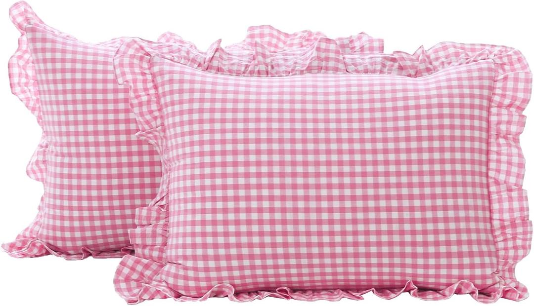2 Pack Pink and White Plaid Ruffle Gingham King Size Pillow Shams 20x36 inches, Washed Cotton Checkered Farmhouse Pillow Covers for Bed/Sofa (20x36 inches, Pink/White Plaid)