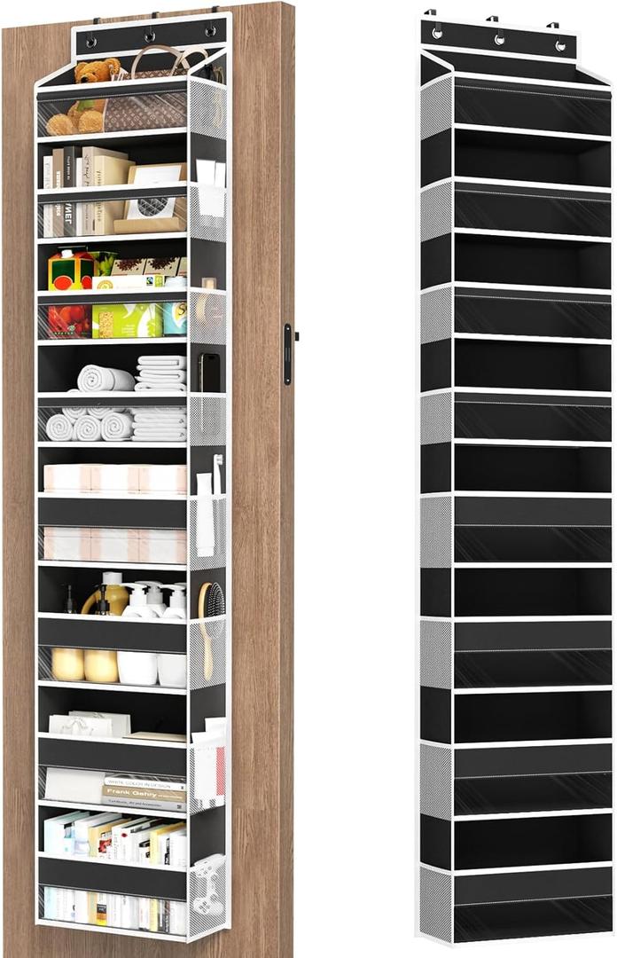 Over The Door Organizer, 8 Shelf Door Hanging Organizers with 8 Large Capacity Pockets, Back of Door Organizer Storage Hanging Shelves for Closet Bathroom Bedroom Nursery (Black)